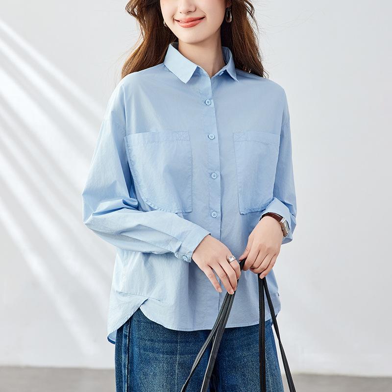 Blue Top for Womens Long-sleeved Spring and Autumn Updated Top Design Niche Womens Pure Cotton Top