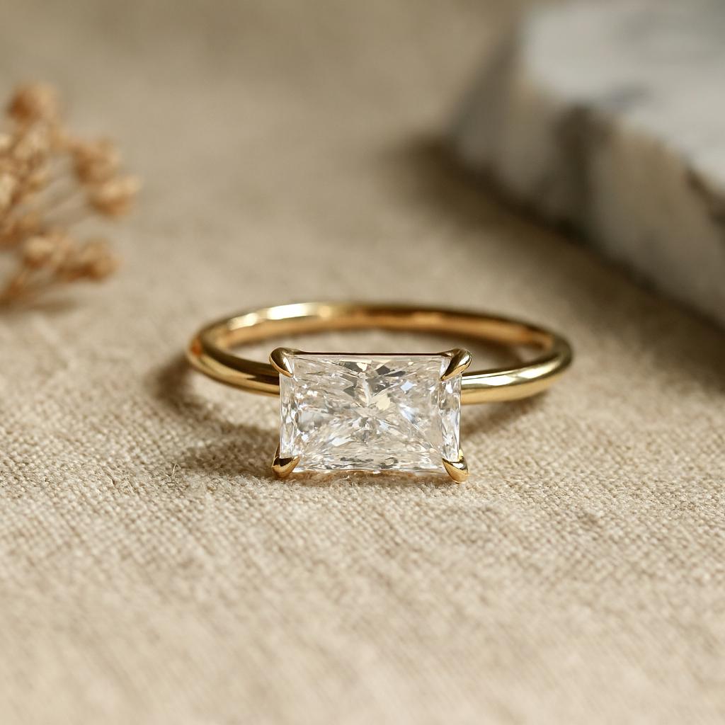 Radiant Cut Engagement Ring, Solitaire Yellow Gold Plated Band, Classic Bridal Jewelry, Promise Ring for Her