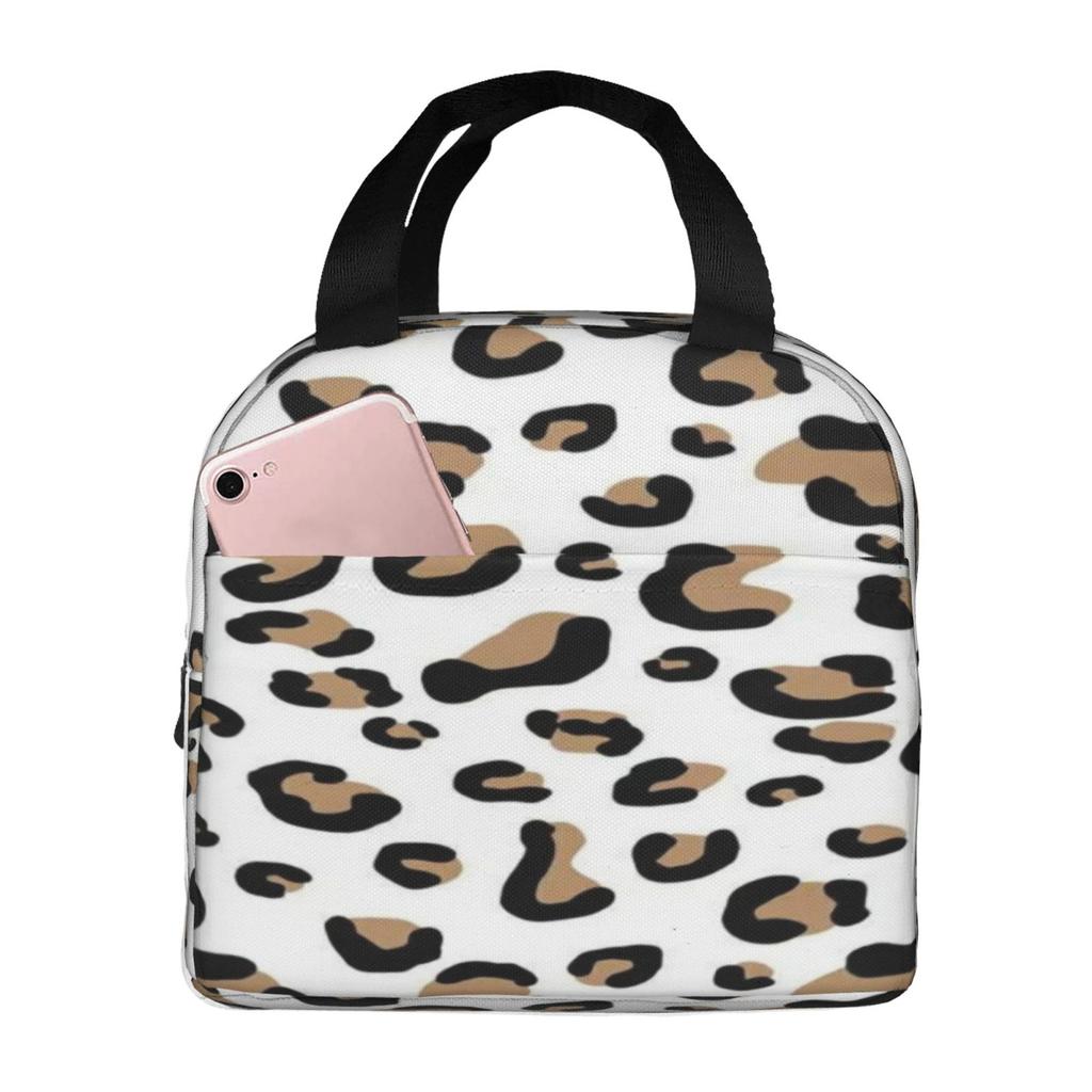 Brown and Black Leopard Series Print Pattern Lunch Bag Portable Reusable Thermal Oxford Tote Bag for Work School Travel