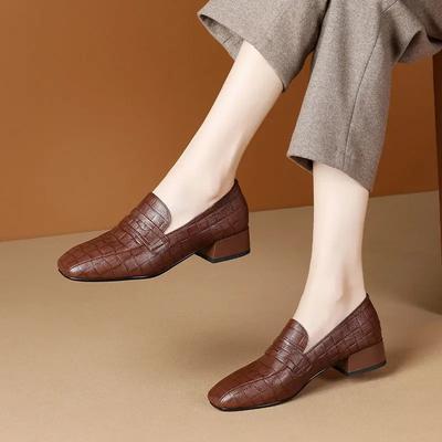 New Square Toe Women Mid Heels,Soft PU Leather Loafers Shoes,Slip On,Spring Korea Style,Brown,Black,Dropship