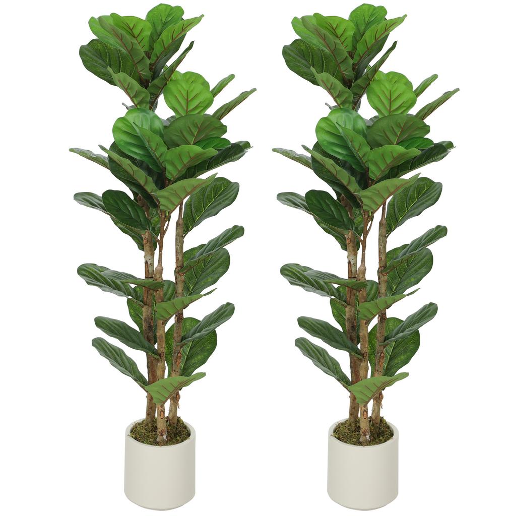 Artificial Plants, Set of 2, 120 cm Fiddle-Leaf Fig, Plastic Pot, Solid Wood Trunk, Green