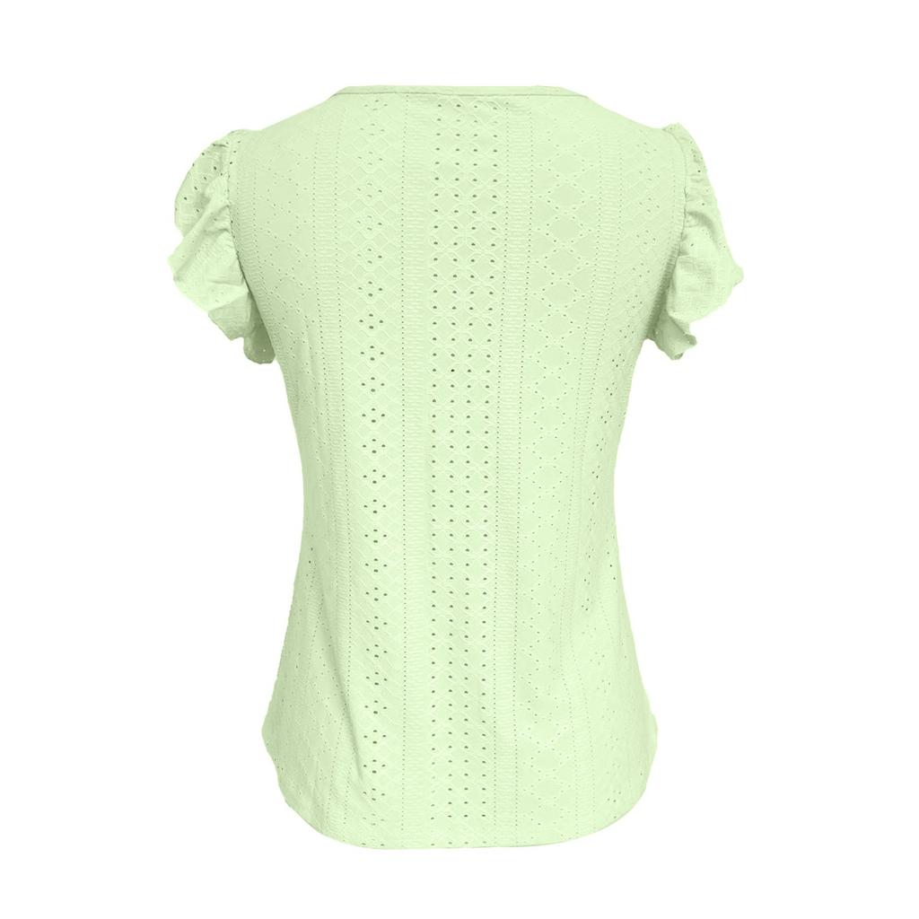 Women Summer  Top Eyelet Vacation Short Sleeve V Neck Loose Fit Shirt Spring Fashion Casual Clothes