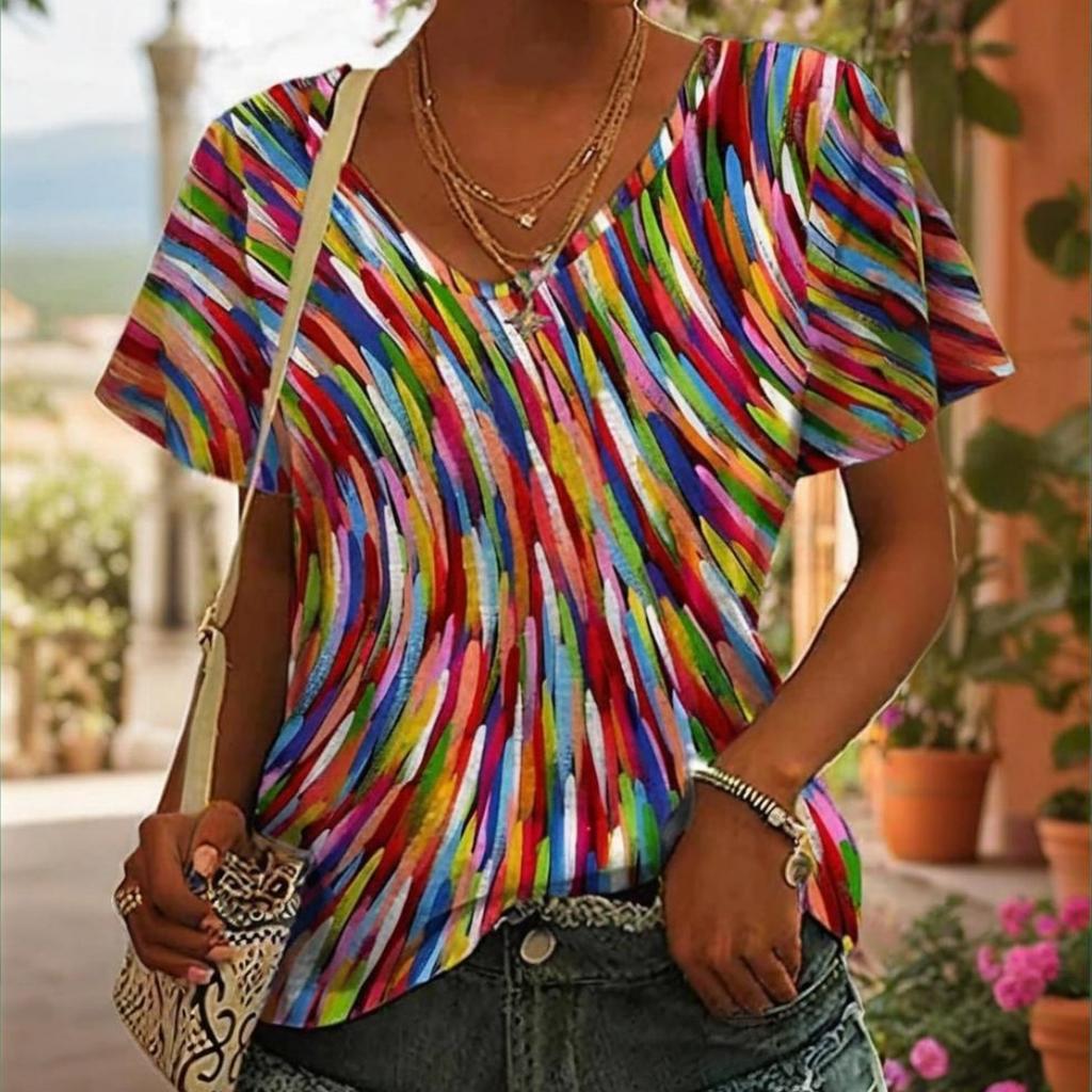 Women's T-shirt Summer Outdoor Casual V-neck Short Sleeve Tops Classic Printed Patterns Large OverSize Loose Women's Clothing
