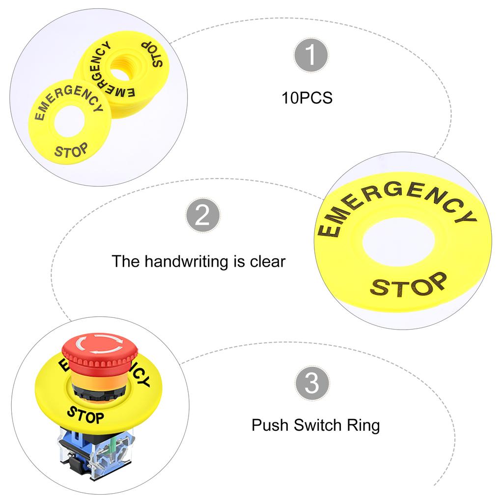 10Pcs Push Button Emergency Ring Round Warning Sign 60Mm Od 22Mm Id Yellow High Visibility Replacement for Stop Switch