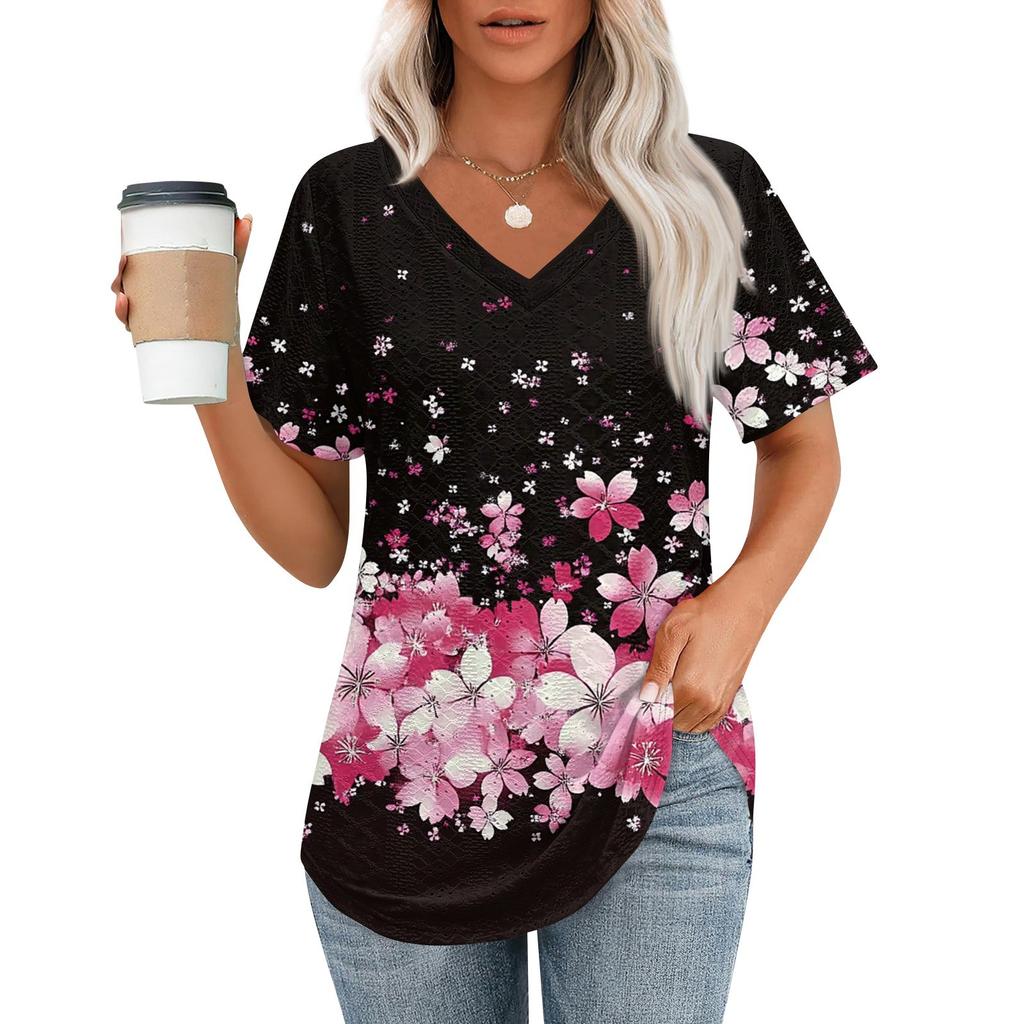 Womens T Shirts V Neck Short Sleeve Casual Tops Loose Fit Basic Tees With Curved Hem