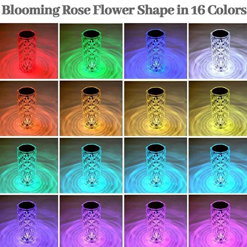 LED Crystal Table Lamp Rose Light Projector 3/16 Colors Touch Adjustable Romantic Atmosphere Light USB Touch Night Light