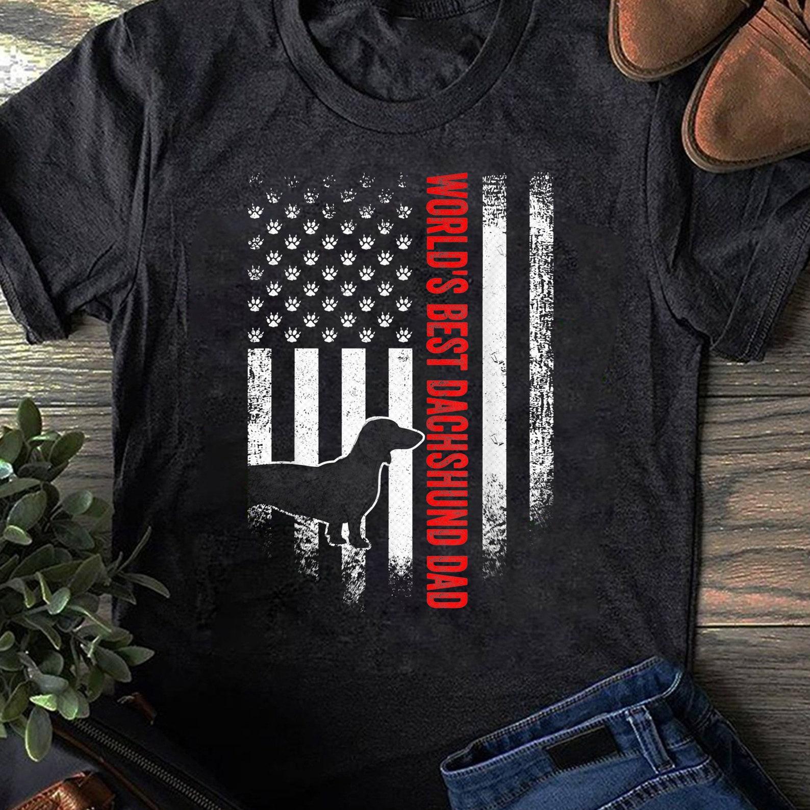 Vintage American Flag World s Best Dachshund Dad Silhouette T-Shirt, Funny Gift for Dachshund Lover, Retro Vintage Dachshund, Dachshund Mom L