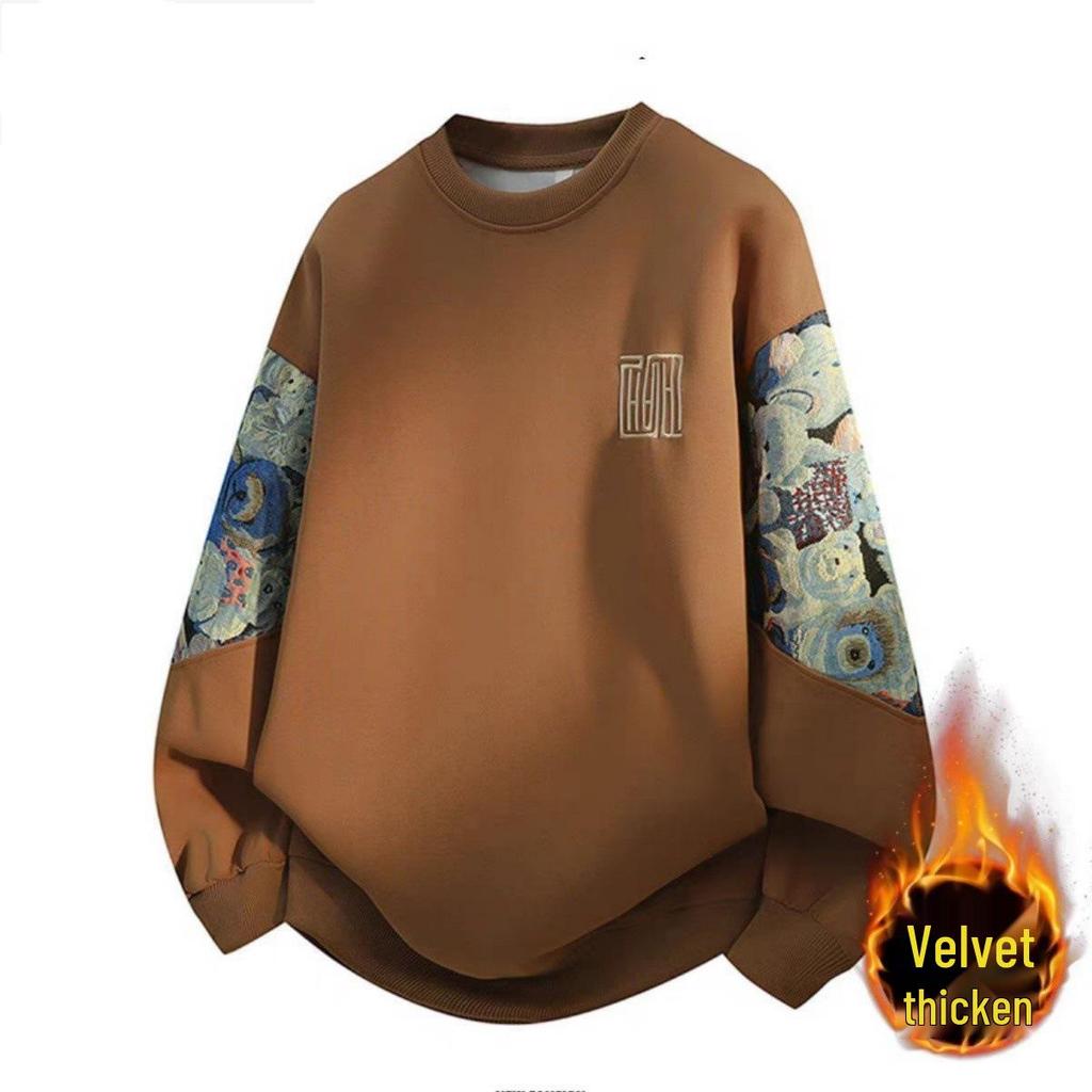 Plus Size Ethnic Style Embroidered Men's Hoodie - Autumn/Winter Retro Round Neck, Velvet, Long Sleeve, Enlarged Fit
