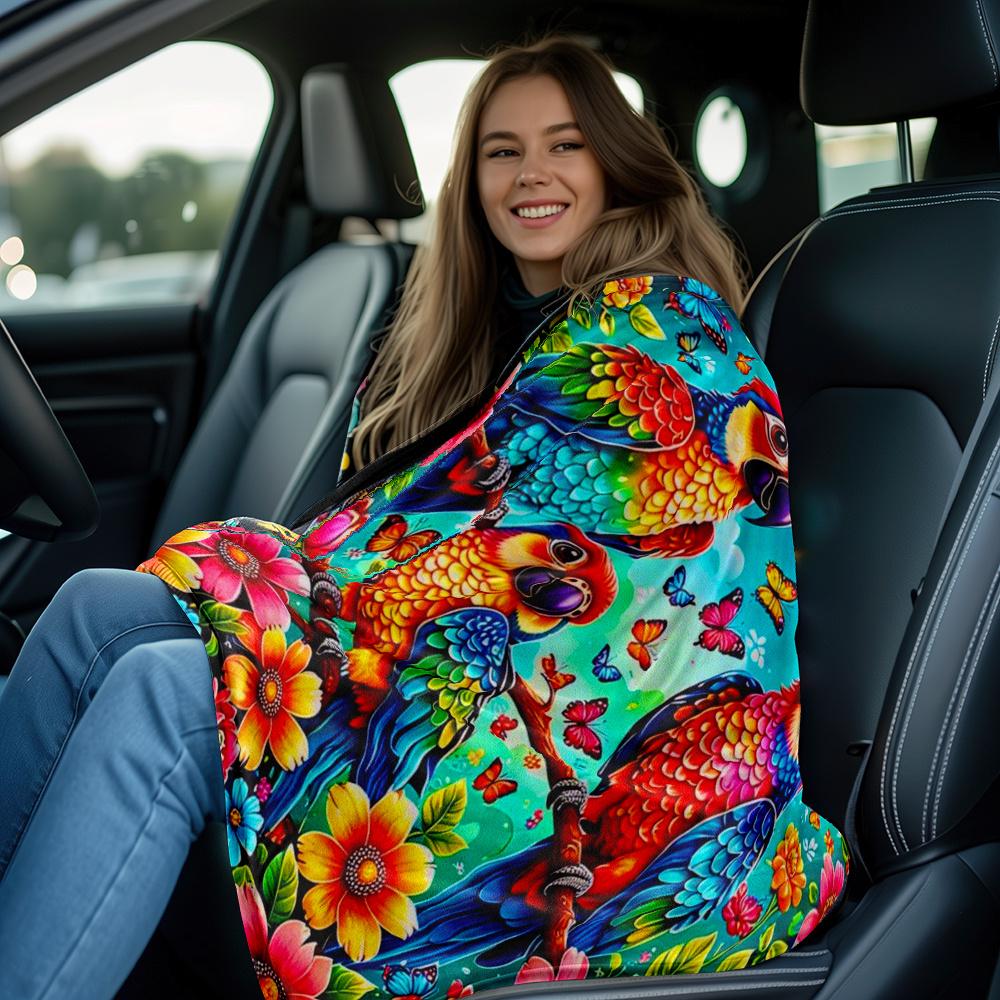 Colorful Parrot Butterfly Flower Jungle Blanket Soft Flannel Throw Tropical Bird Decor Exotic Nature Theme Bedding