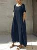 2023 Women's Cotton Linen Dress Loose Fit Round Neck Slit Belted Design