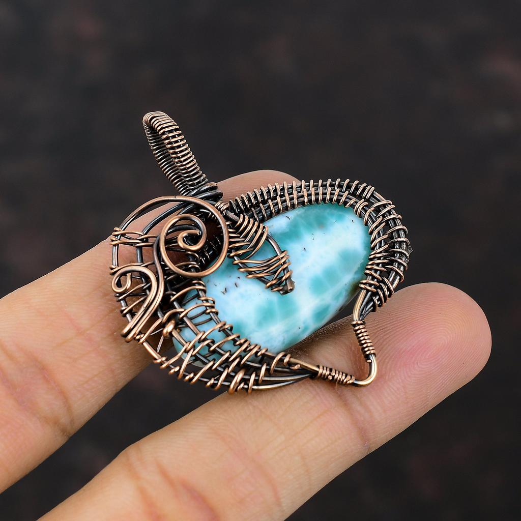 Larimar Pendant Copper Wire Wrapped Pendant Designer Gemstone Pendant Copper Jewelry Handmade Pendant Wire Wrap Larimar Jewelry Gift For Mom