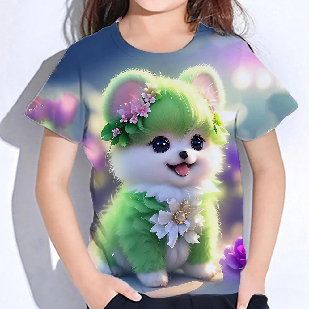 

Летний топ с круглым вырезом и 3D-принтом кошки, модная повседневная футболка с коротким рукавом для детей, девочек 170