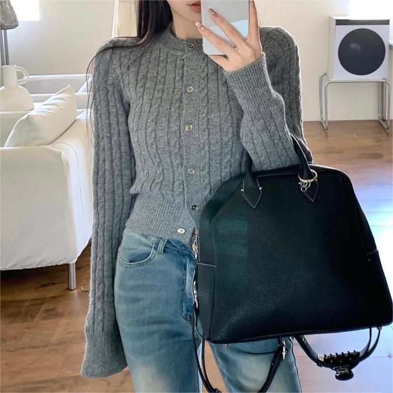 

Однотонный круглый вырез воротничок трикотажный топ для женщин жареный тесто переплетения вязаный кардиган в стиле колледжа тонкий короткий свитер пальто L серый