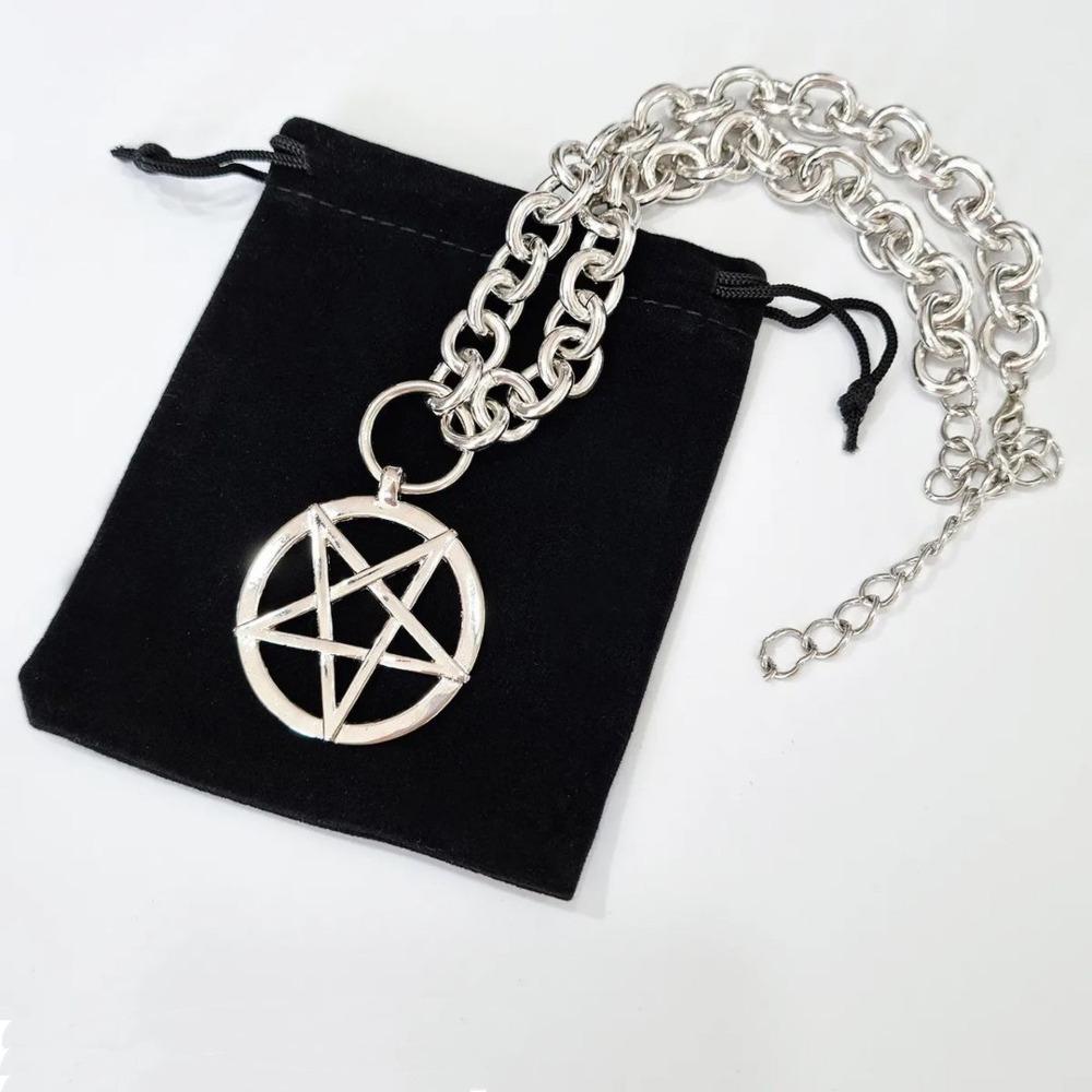 Punk Retro Sliver Color Five-pointed Star Pendant Thick Chain Necklace for Women Men Halloween Gothic Mysterious Power Jewelry