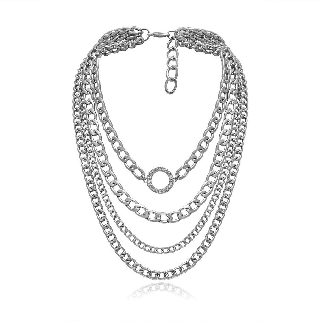 Exaggerated Punk Trend Multi-Layer Necklace, Fashionable Diamond-Encrusted Circle Thick Chain Necklace Women