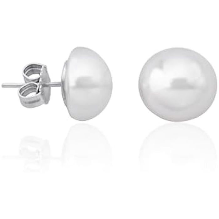 Boucles d'oreilles - MAJORICA - Perla Mabé - Argent Doré - Perles blanches 12 mm - Clou Puce