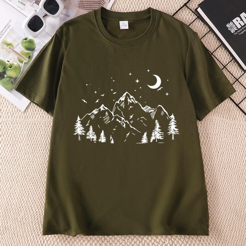 Minimalist Mountain T Shirt Nature Lover Tee Moon Mountain Graphic Tee Hiking TShirt Casual Round Neck Printed Tshirt Clothes