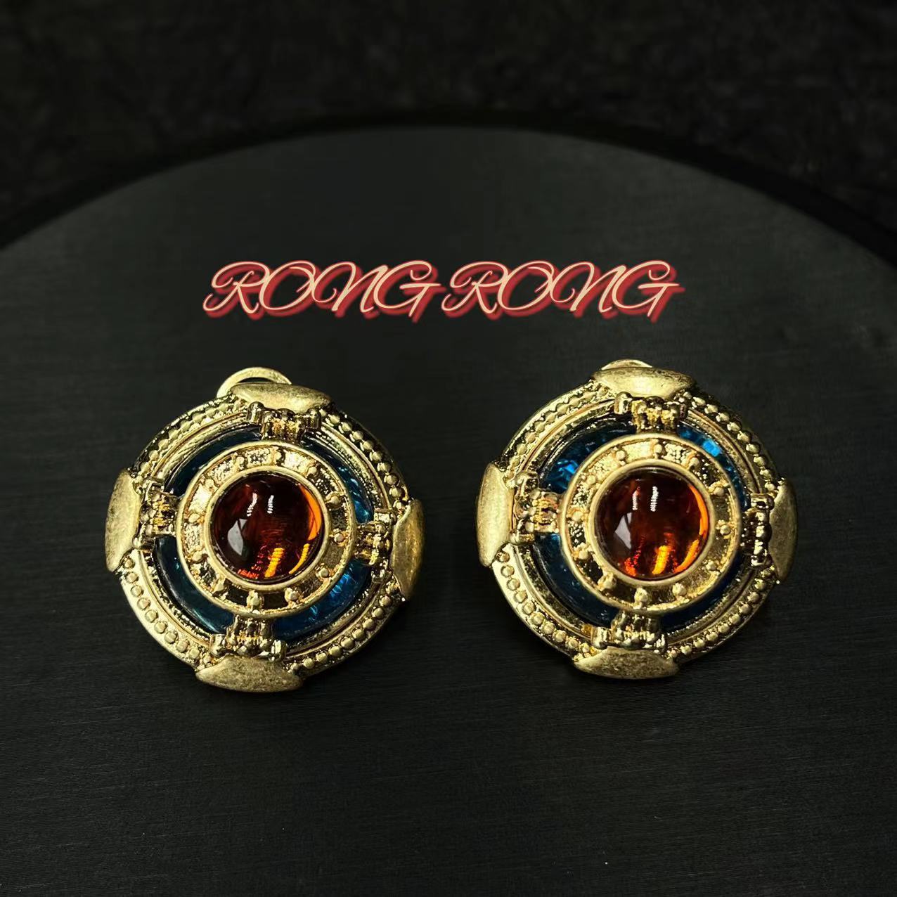 Винтажные головные уборы Французские Западные Антикварные Серьги Стекло Тяжелая Промышленность Дворец Позолоченные