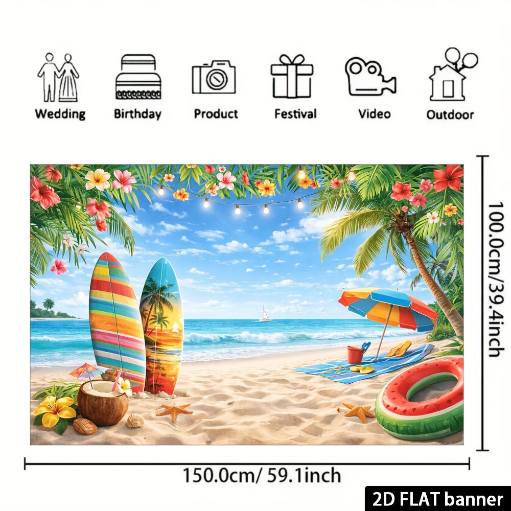 2D Plane Summer Beach Party Backdrop, with a Seaside Beach and Surfboards