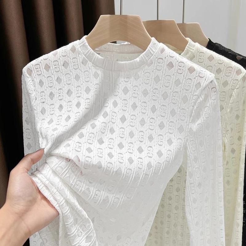 Krajková pletenina Slim Fit Síťovaná základní vrstva Dámské spodní prádlo Smysl pro design Halenka Základní Běžné Rameno Kulatý výstřih Dírkované Tričko pro ženy