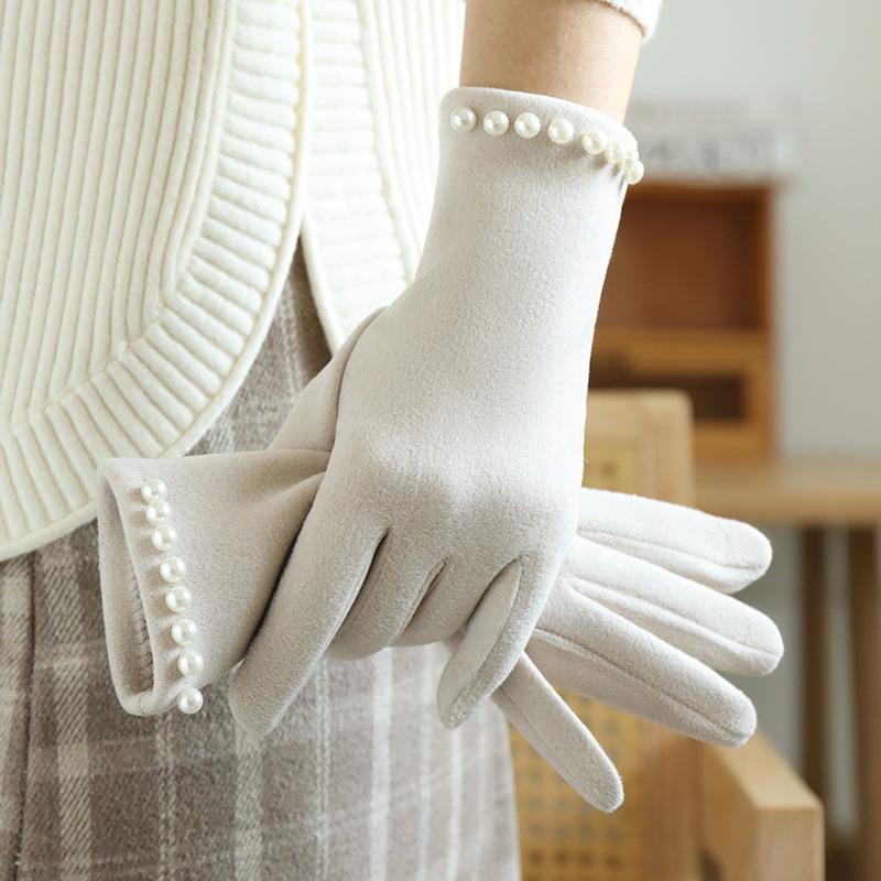 Kobiety Moda Eleganckie Retro Perłowe Rękawiczki Zima Jazda na Rowerze Jazda Pogrubione Ochronne Ciepłe Miękkie Nie Napompowane Rękawiczki z Ekranem Dotykowym