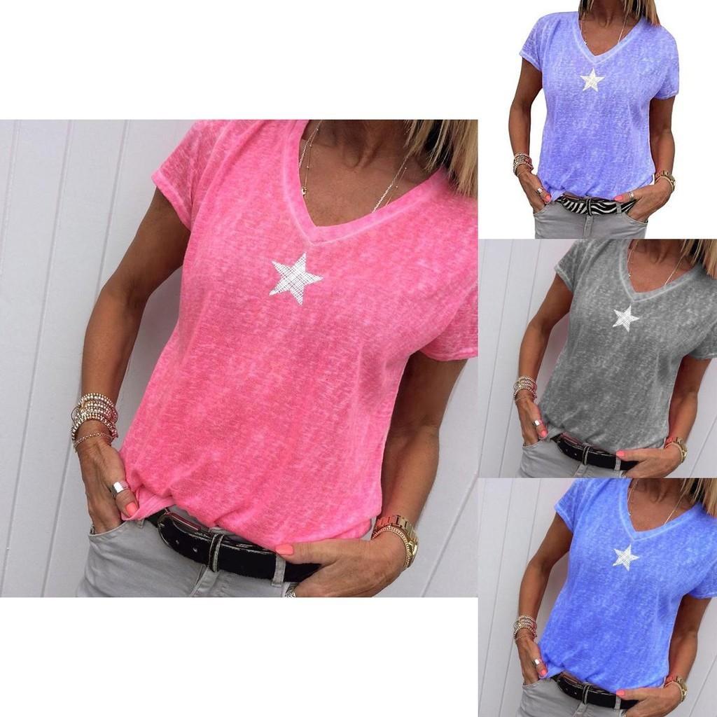 Stylish Women V-neck T-shirt Casual Loose Star Summer Shirts Solid Short Sleeve Perfect For Outdoor Activities