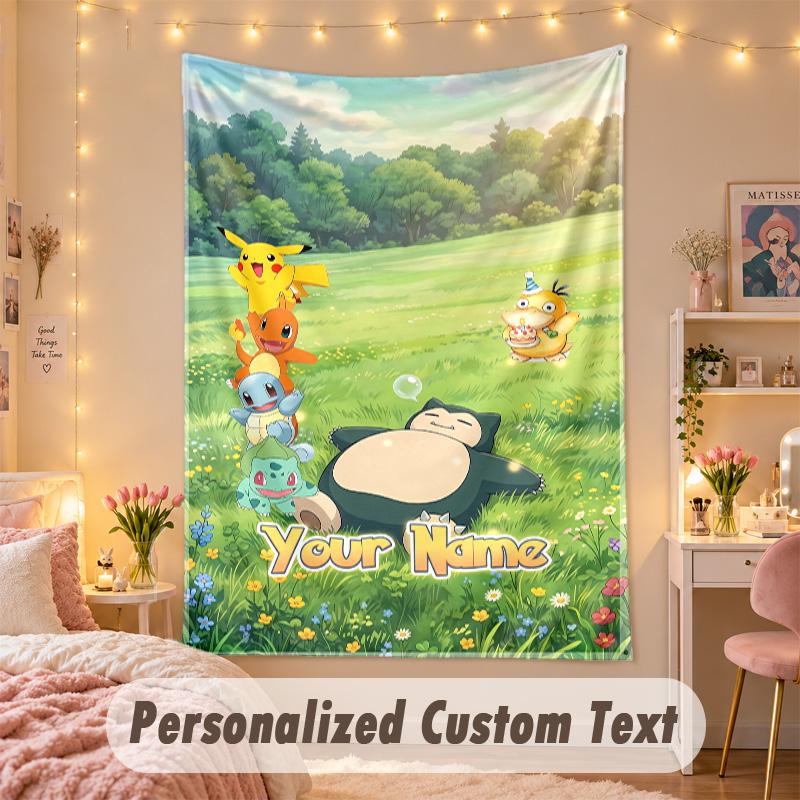Custom Personalized Tapestry,Pokémon Print Custom Name Text Wall Art Hanging for Bedroom
