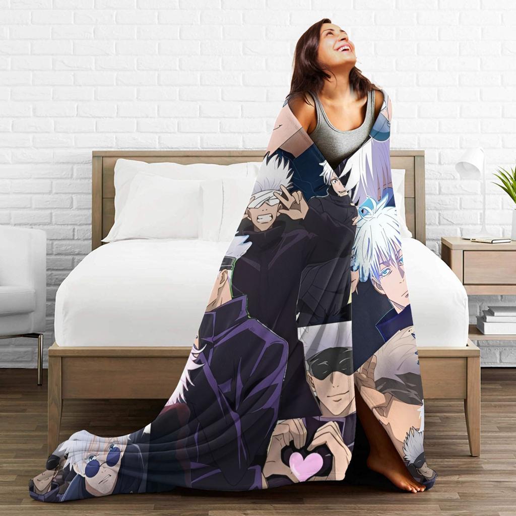 Jujutsu Kaisen Gojo Satoru Flannel Throw Blankets Anime Cool for Bedspreads Knitted Blanket Travel Lightweight Multifunction