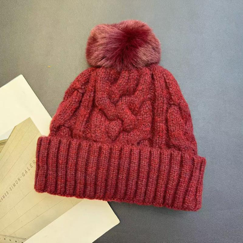 Twist Knitted Double-layer Wool Hat Autumn and Winter Twist Hairball Wool Hat Women's Thickened Cold Hat Warm Knitted Hat