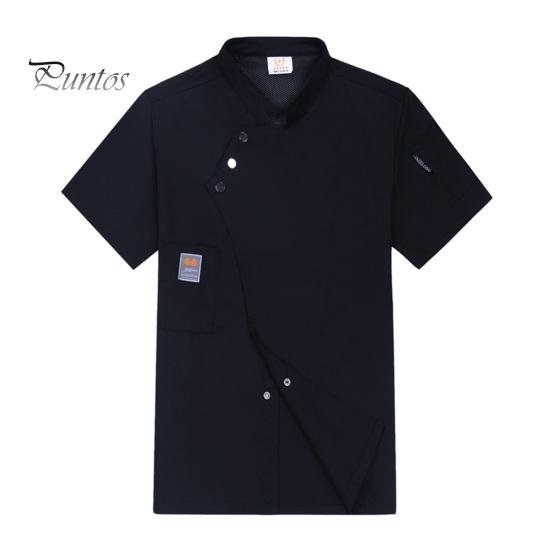 Solid Color Chef Top Slanted Collar Button Short Sleeve Pocket Hotel Workwear Professional Stand Cardigan Catering Uniform Kitchen Clothes Waiter
