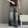 Unisex Wide Leg Straight Cut Distressed Washed Denim Jeans With Rhinestone Stars Whiskering Detail