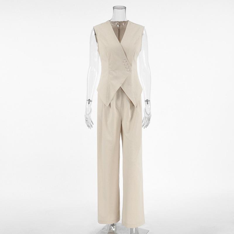 Women's Cotton and Hemp Fabric Set Commuting 2-piece Set V-neck Vest+Loose Wide Leg Pants New Fashion Spring Summer