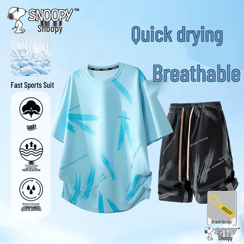 SNOOPY Men s Summer Cool-Feel Round Neck Short Sleeve & Shorts Set L