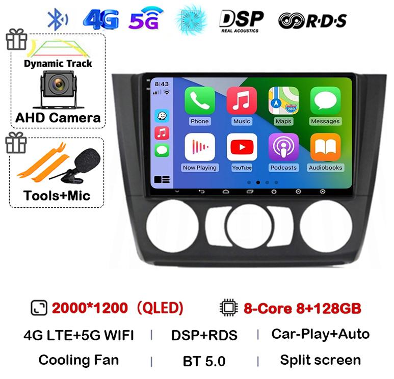 Android 14 Carplay Auto Car Radio For BMW 1 Series E81 E82 E87 E88 AT/MT 2004-2012 GPS Multimedia Stereo Player Audio WIFI+4G BT