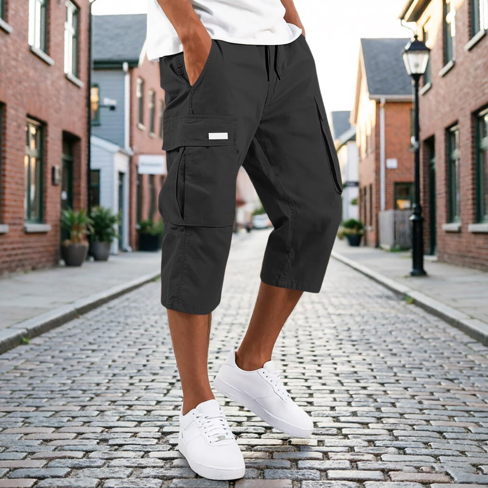 Xingben Six Heren Capri Broek met Trekkoord Taille en Meerdere Zakken Cargo Relaxte Pasvorm Zeven Achtste Lengte Casual Broek voor Dagelijks Gebruik XXXL zwart