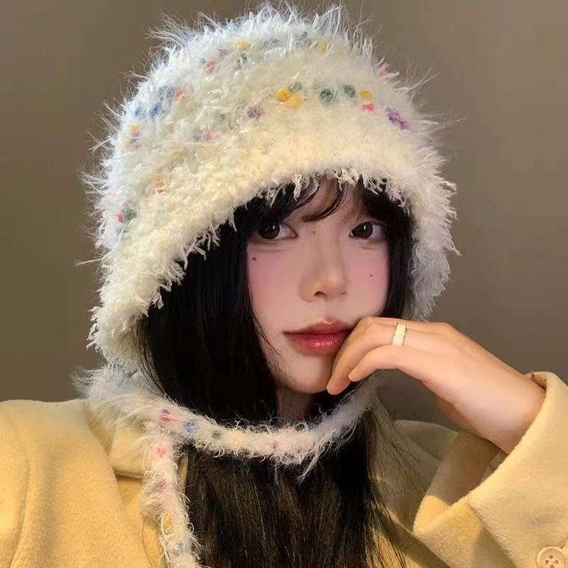 Hat winter warm ear protection wool hat cute sweet travel wool hat show face small cold protection pullover hat