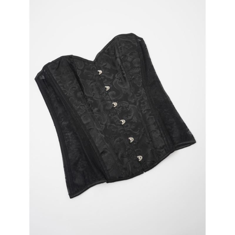 Black Jacquard & Lace Strapless Corset Top Sweetheart Neckline Front Hook Boned Bustier for Women