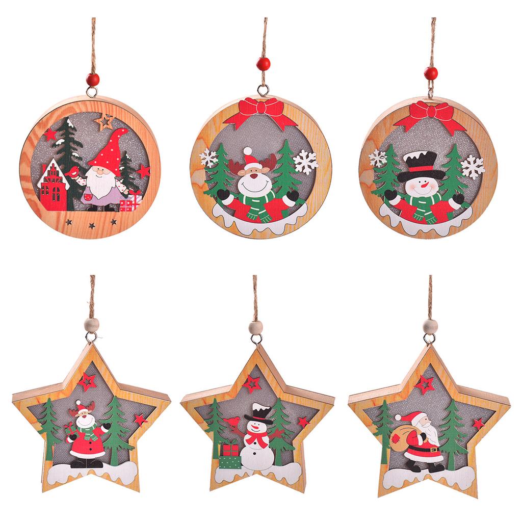 Christmas Tree Led Lighting Pendant Star Ornaments Hanging Pendants Party Xmas Wooden For Round/star With Lights Santa Decoratio