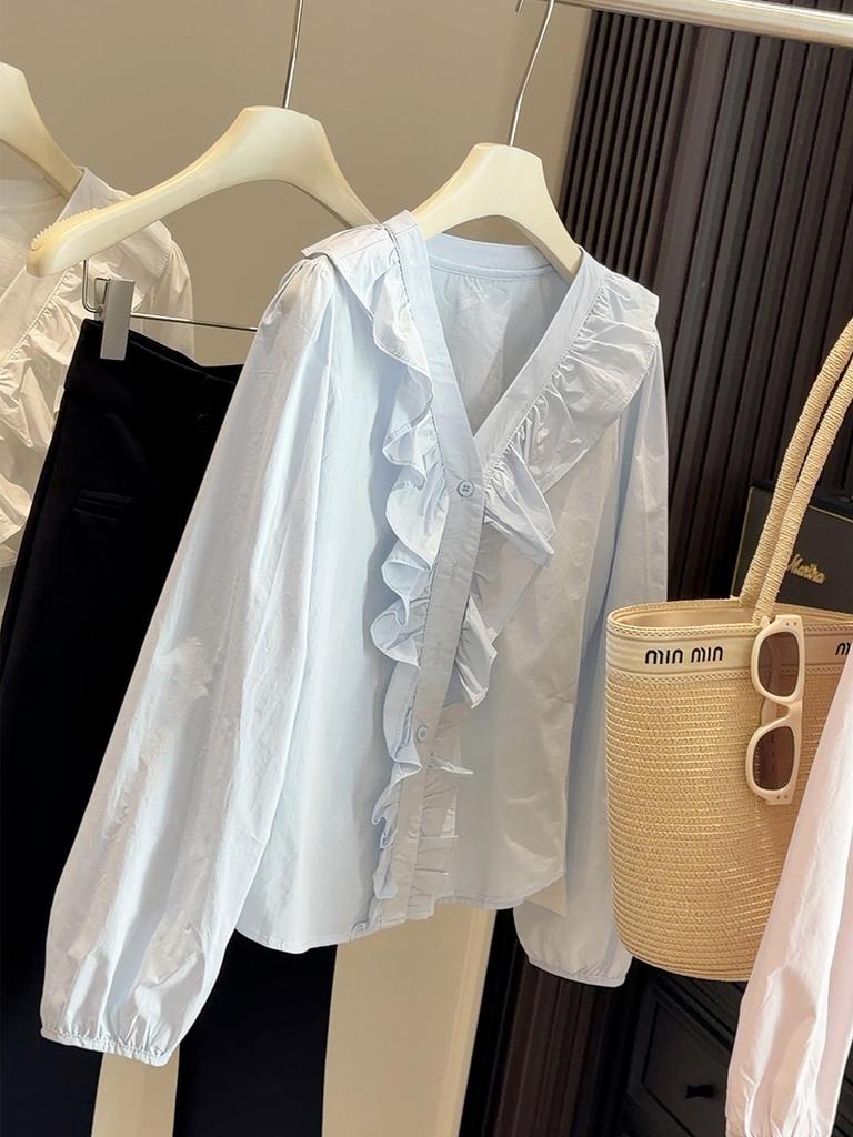Women's Spring 2026 Ruffle V-Neck Shirt - Fashionable Age-Reducing Slimming Long Sleeve Top
