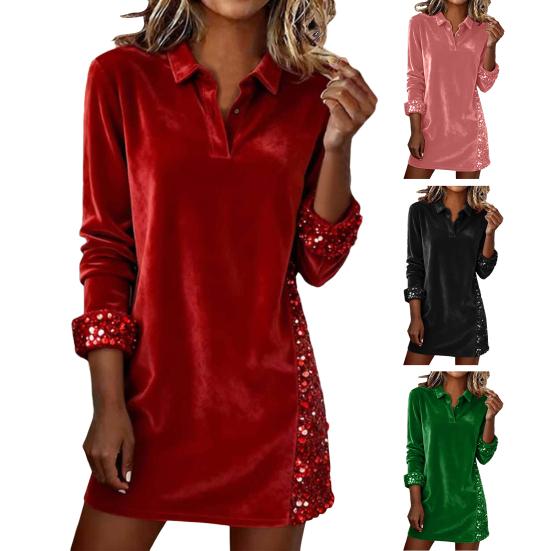 Damen Funkelndes Hemdblusenkleid Pailletten Samt Patchwork Langarm V-Ausschnitt Kleid Lässig Revers Locker Abendpartykleid
