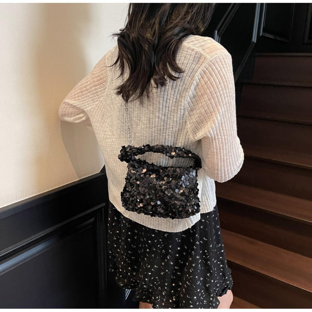 Elegant Sequin Evening Bag for Women Luxury Pearl Chain Crossbody Bag Fashion Sparkly Small Square Handbag Party Shoulder Purse
