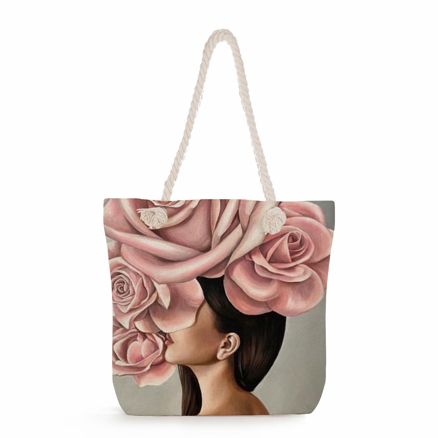 Flower Woman print thick rope single-shoulder beach bag 7213