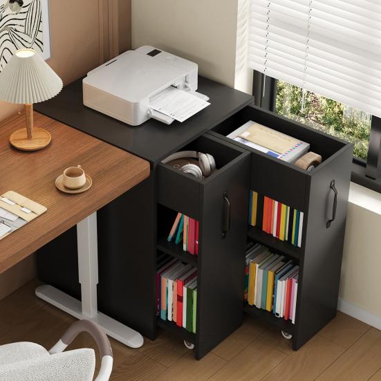 Open Storage Shelf Bookcase with Casters Mobile Sideboard Pull-Out Side Drawer Large Edge Document Protection Reversible Left/Right Configuration -