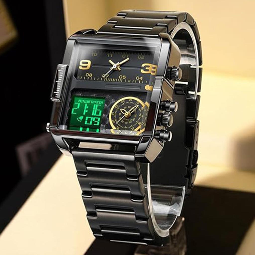 BINBOND Fashion Square Big Dial Wristwatch Three Display Quartz Watch for Men Multifunctional Sports Clock Male Wristwatch