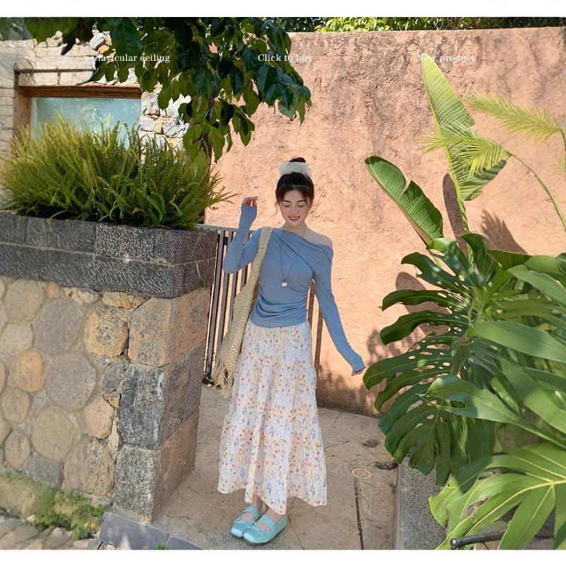 New white slanted shoulder long-sleeved top, women's huge beautiful T-shirt inside, slim-fitting bottoming shirt, early autumn temperament