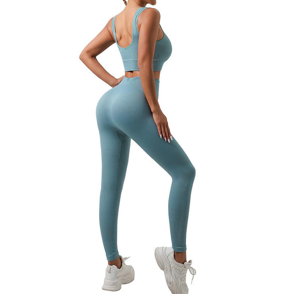 Women's Fashion U Neck Sleeveless Top High Waist Tight Fit Fitness Running Sports Pants Yoga Two Piece Set