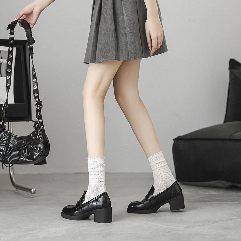 Fashion British style small leather shoes women's new small thick heels single shoes retro commuting onepedal loafers
