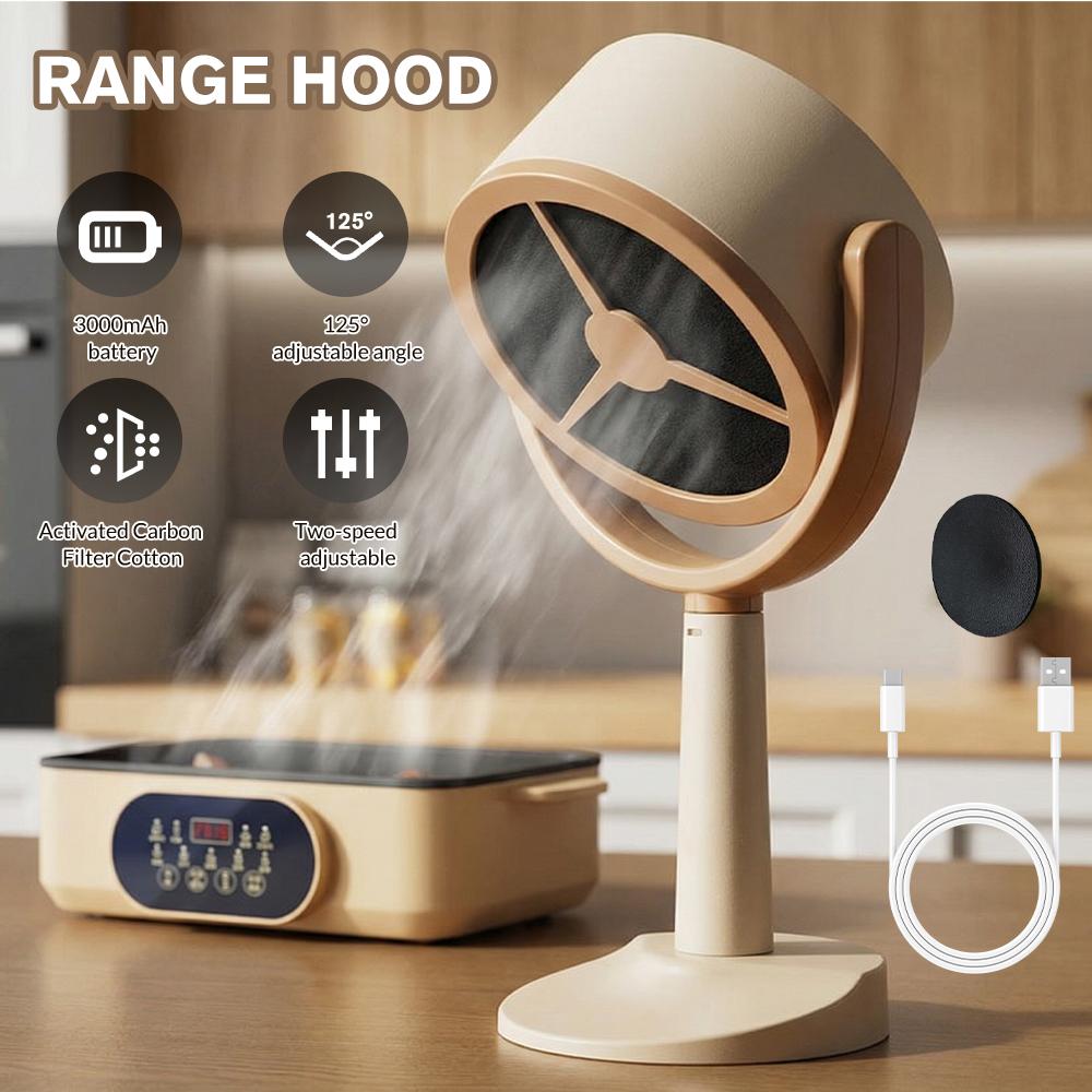 Portable Mini Range Hood 3000mAh Rechargeable Smokeless Extractor Fan with Activated Carbon Filter 125° Adjustable Angle 2 Speed Desktop Smoke Absorbe