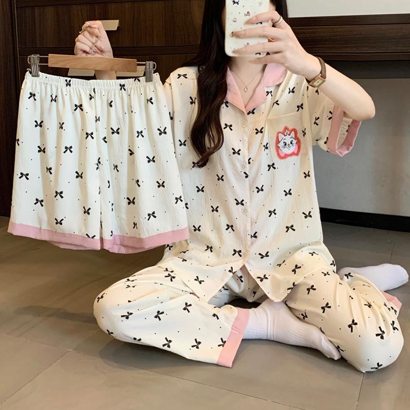 Cartoon Cute Kitten Bow Print Fashion Cloud Cotton Women'S Pajamas Loungewear Short Sleeve Three-Piece Set