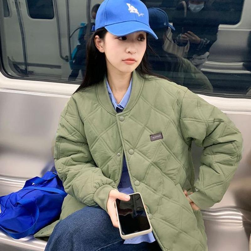 

Новое зимнее стеганое пальто с дизайнерским чутьем, нишевая стеганая куртка с ромбовидной стежкой, тонкая стеганая куртка оверсайз для женщин XXL зелёный